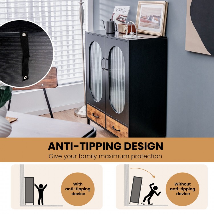 Kitchen industrial buffet sideboard with tempered glass doors, featuring an anti-tipping design for added safety and.