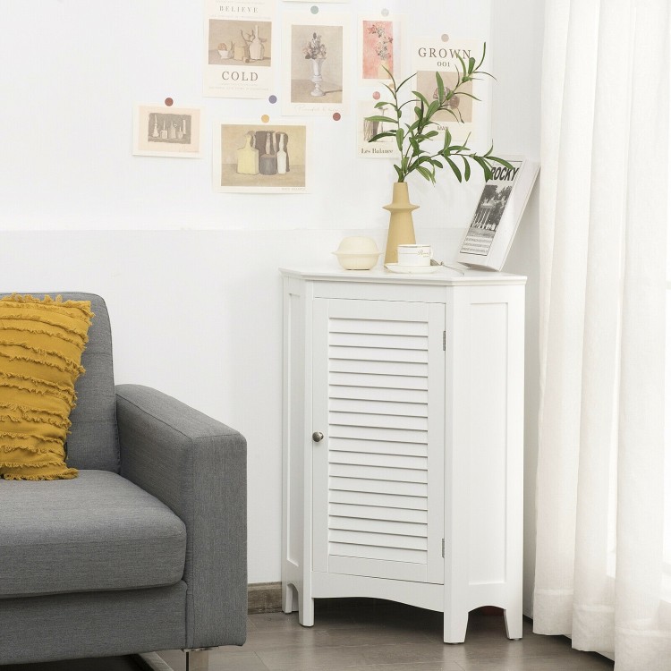 White corner storage cabinet with shutter door, adjustable shelf, and anti-tipping device for small spaces.