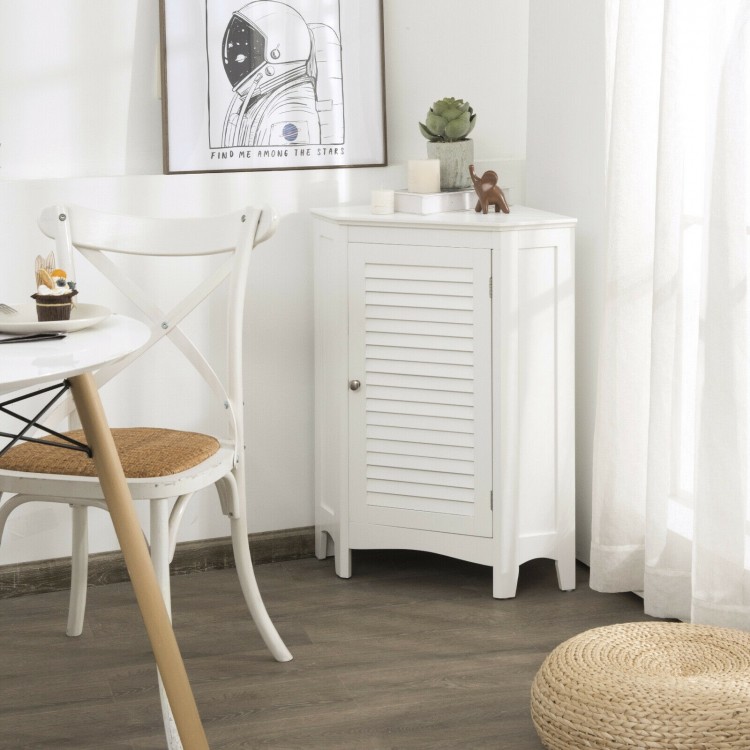 White corner storage cabinet with shutter door, adjustable shelf, and anti-tipping design for small spaces.