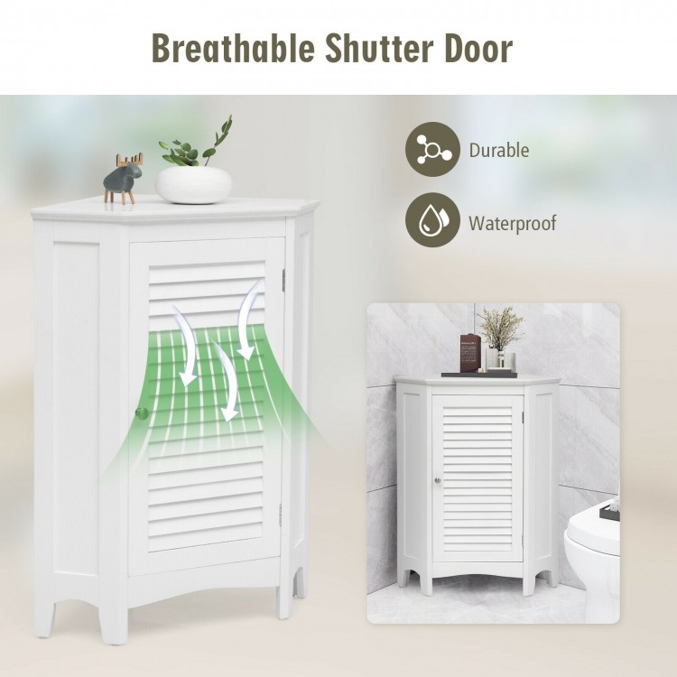 Corner storage cabinet with a shutter door, made of durable MDF, perfect for small spaces in bathrooms or living rooms.