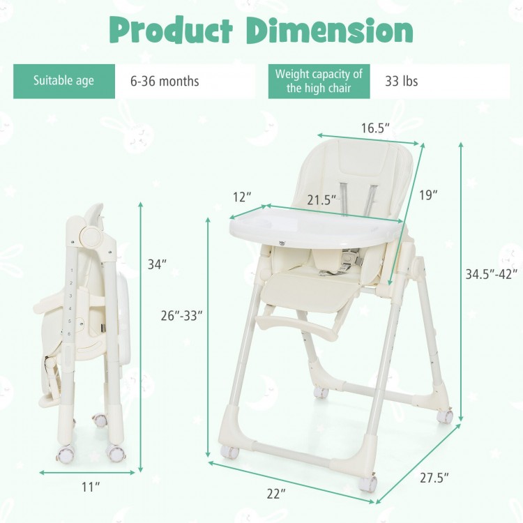 Folding High Chair with Height Adjustment and 360° Rotating WheelsCostway Gallery View 4 of 10