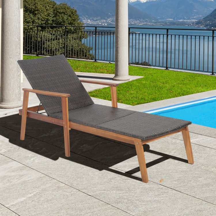 Patio rattan lounge chair with acacia wood frame, adjustable backrest, and PE wicker, perfect for poolside relaxation.