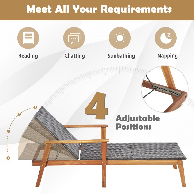 Patio rattan lounge chair with adjustable backrest, solid acacia wood frame, ideal for poolside and backyard relaxation.