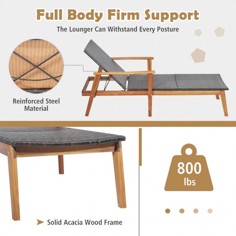 Patio rattan lounge chair with adjustable backrest, solid acacia wood frame, and reinforced metal bars for stability.