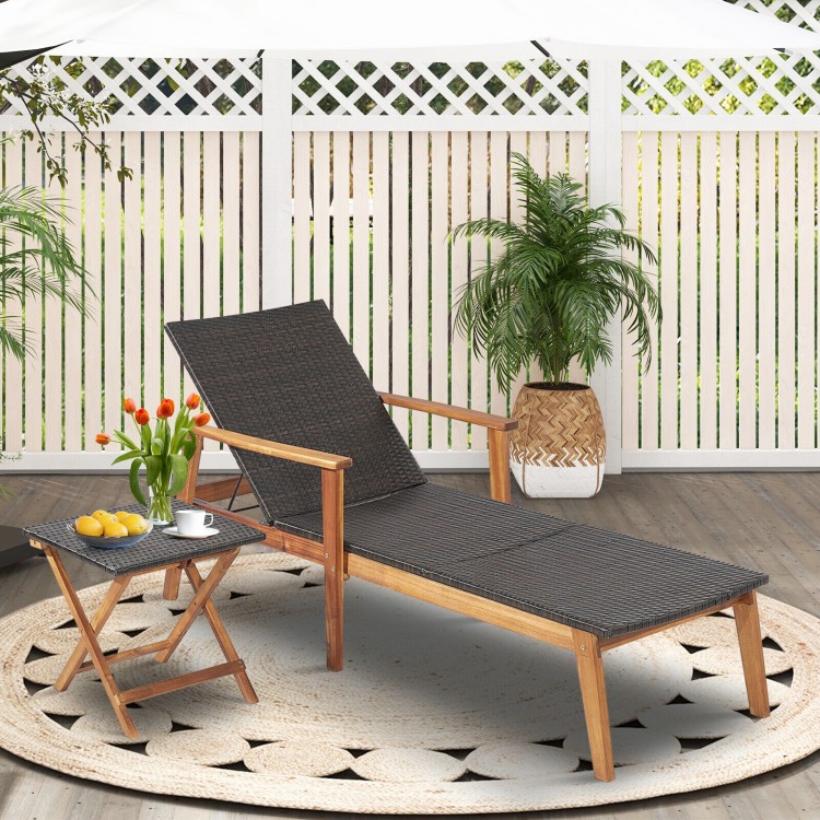 Patio rattan lounge chair with adjustable backrest, solid acacia wood frame, perfect for poolside relaxation.
