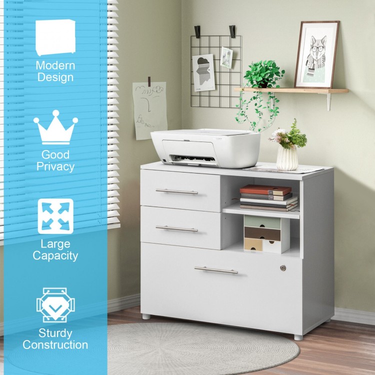 3 Drawer Lateral File Cabinet on wheels in white, featuring spacious tabletop and lockable drawer for organized storage.