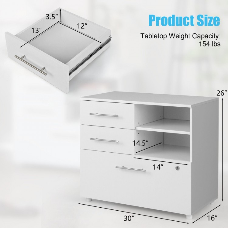 3 Drawer Lateral File Cabinet on wheels in white with spacious tabletop and adjustable storage shelves for home or.