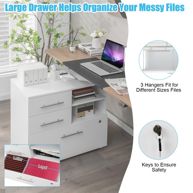 3 drawer lateral file cabinet on wheels in white, featuring a large lockable drawer for organizing various file sizes.