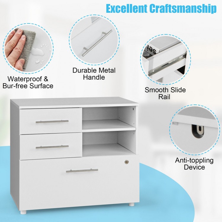 3 Drawer Lateral File Cabinet on wheels in white with smooth sliding rails and anti-toppling device for home or office.