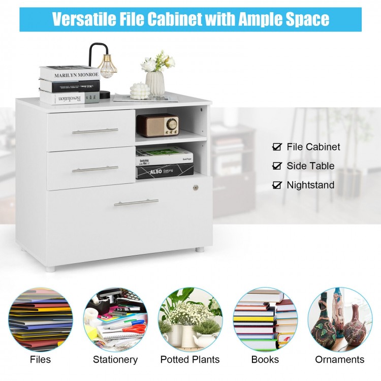 3-drawer lateral file cabinet on wheels in white, featuring spacious tabletop and adjustable storage shelves for.