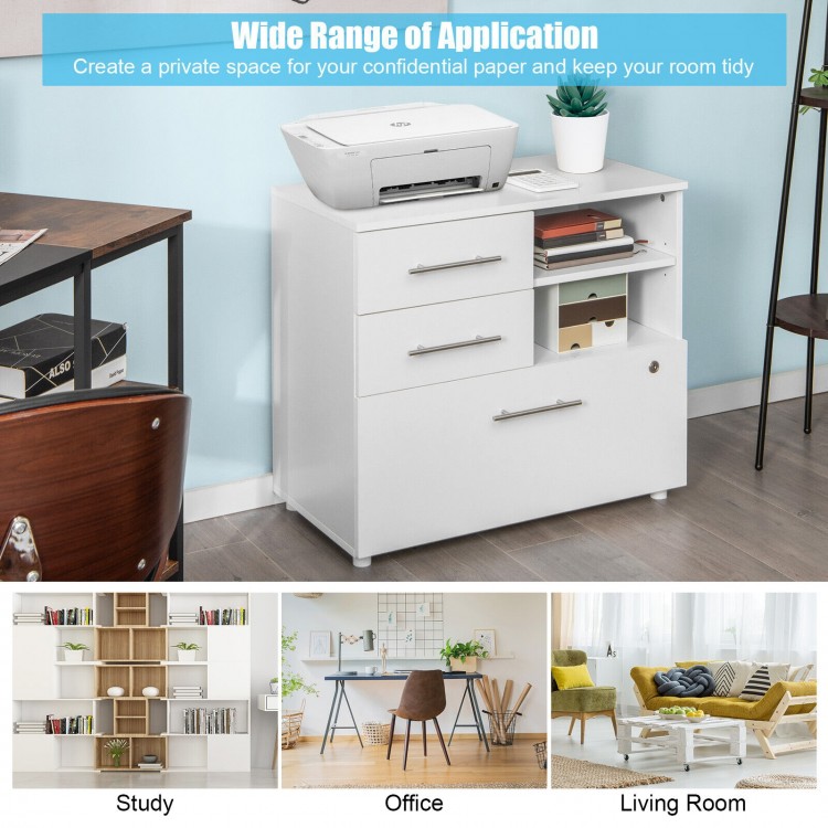 3 Drawer lateral file cabinet on wheels in white with storage shelves, ideal for organizing files in home or office.