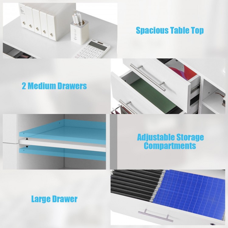 Spacious tabletop and 3 drawers of the white lateral file cabinet, ideal for organizing files and office supplies.