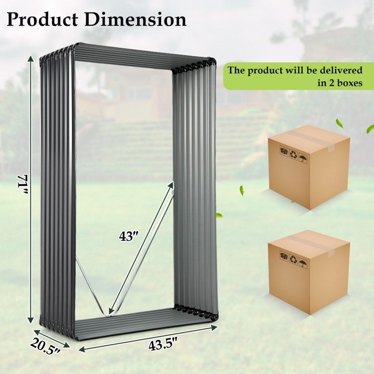 Dimensions of the 71-inch galvanized metal raised garden bed in dark gray, delivered in 2 boxes for easy assembly.