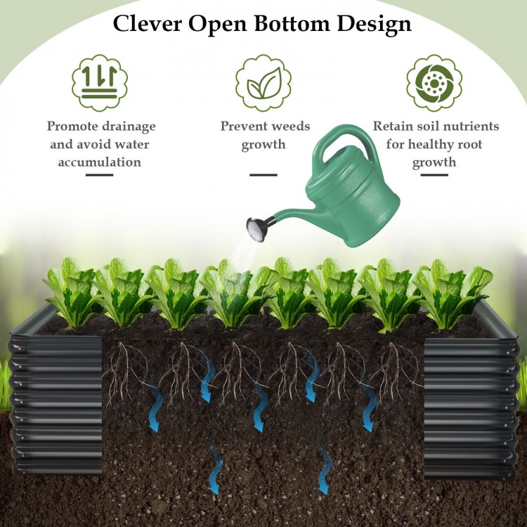Galvanized metal raised garden bed with open bottom design, promoting drainage and healthy root growth for backyard.