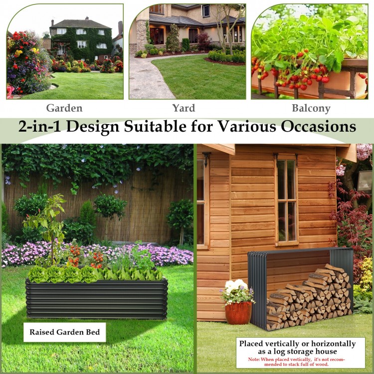 Raised garden bed made of dark gray galvanized metal, designed for planting or as a firewood rack, shown in a garden.