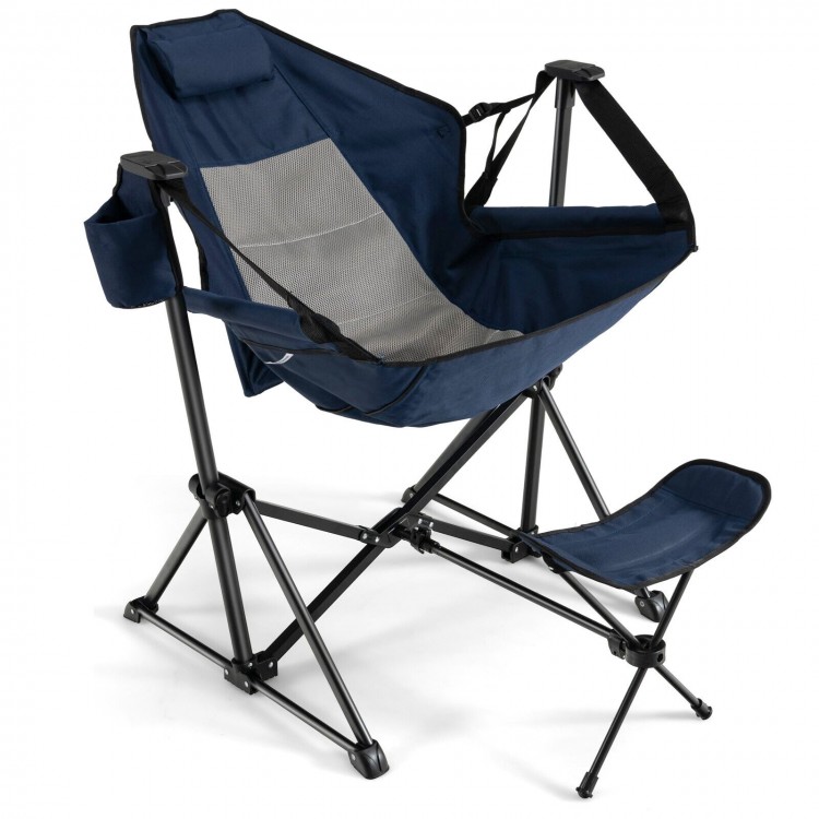 Navy hammock camping chair with adjustable seat, retractable footrest, and cupholder for outdoor comfort.