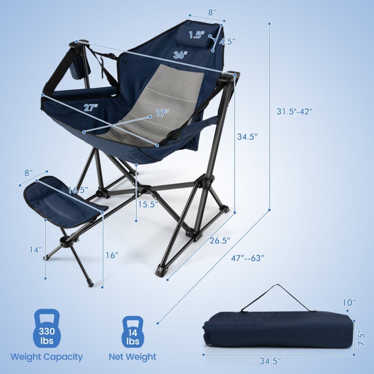 Hammock camping chair with retractable footrest, navy color, featuring a mesh design and carrying bag for easy.