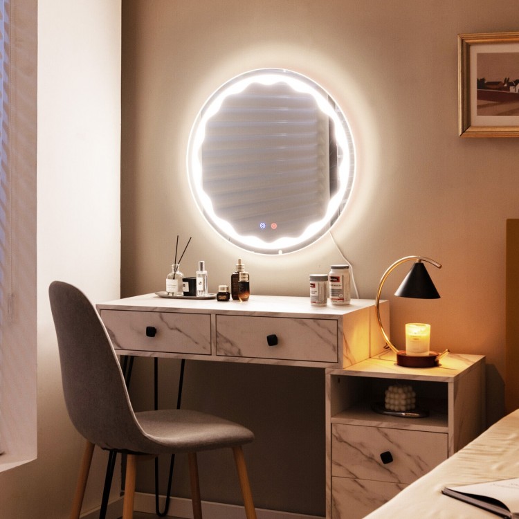 Round 24-inch wall mirror with 3-color LED lights and smart touch buttons, ideal for home use and makeup studios.
