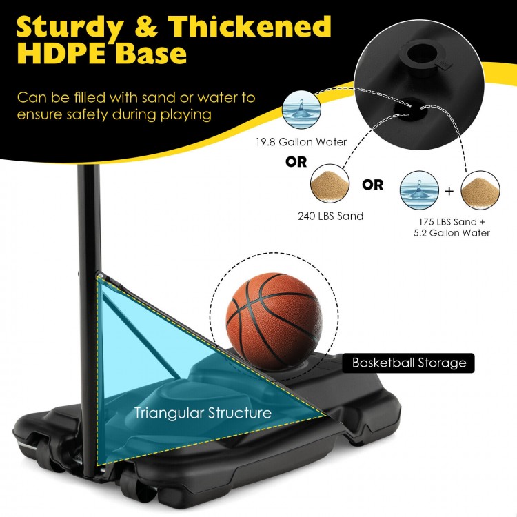 Portable adjustable basketball hoop system with a sturdy HDPE base, filled with sand or water for stability during play.