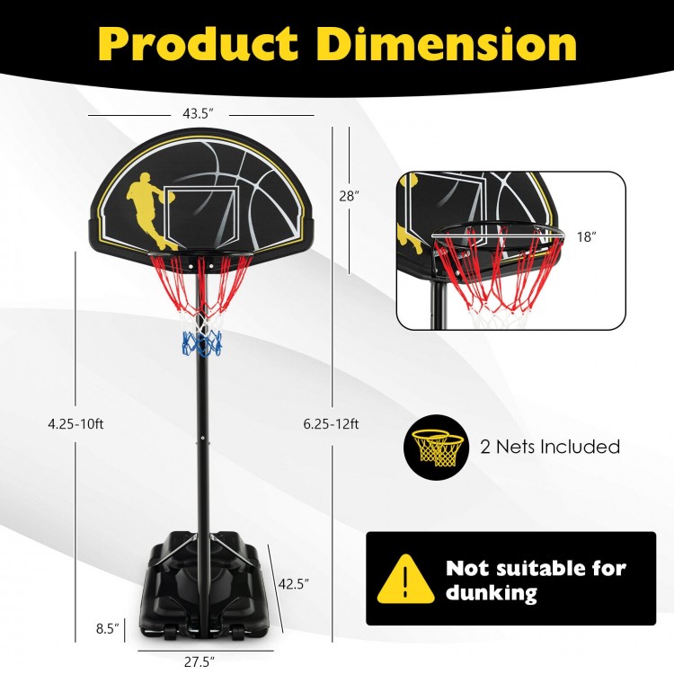 Portable adjustable basketball hoop system with 41" backboard, height 4.25-10 ft, includes 2 nets for outdoor play.