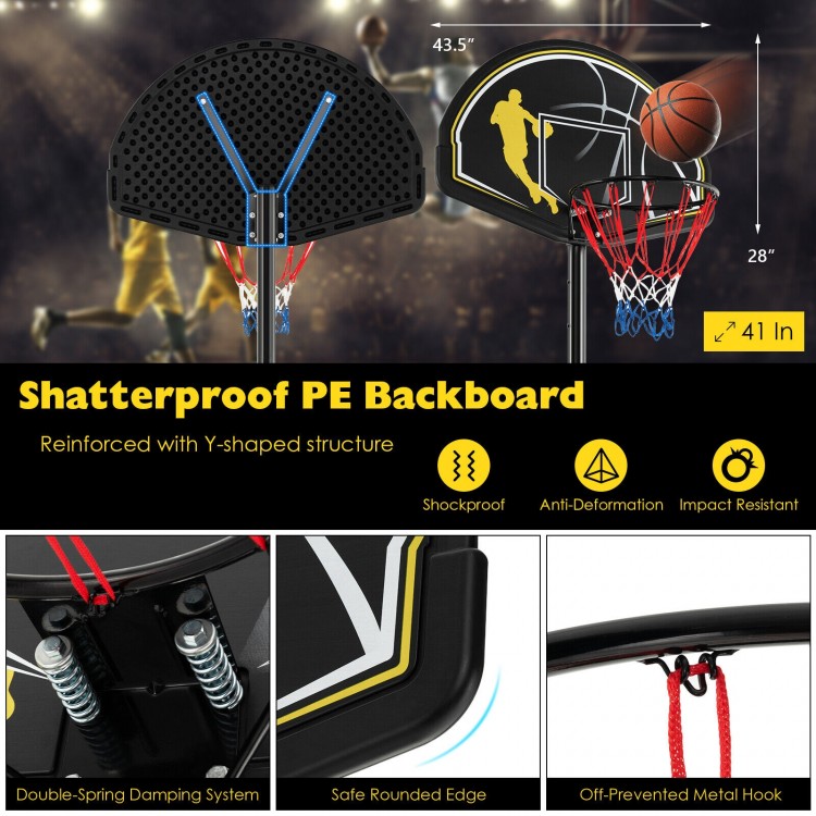 Portable adjustable basketball hoop system with a 41-inch shatterproof PE backboard and 18-inch rim for all ages.