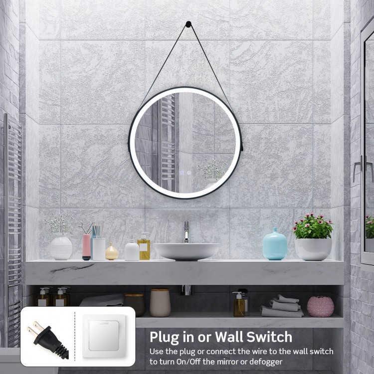 24-inch round wall-mounted mirror with adjustable LED lights, anti-fog function, and rustproof frame for bathroom use.