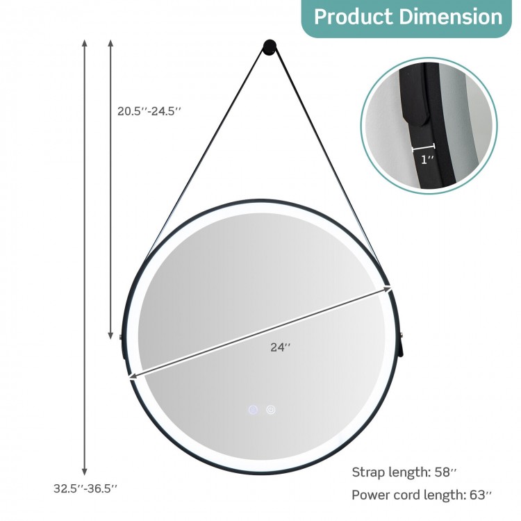 24-inch round wall-mounted mirror with adjustable LED lights, anti-fog function, and leather strap for easy hanging.
