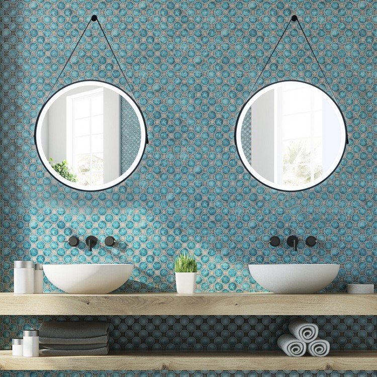 24-inch round wall-mounted mirror with adjustable LED lights and anti-fog function, featuring a rustproof steel frame.