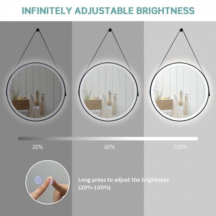 Round wall-mounted mirror with adjustable LED lights showing brightness levels, featuring a rustproof frame and.