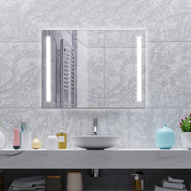 32 x 24 inch wall mirror with 3-color lights, anti-fog function, and touch controls, perfect for modern bathrooms.