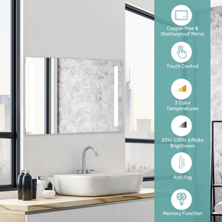32 x 24 inch wall mirror with touch control, 3 color temperatures, anti-fog function, and shatterproof glass for.