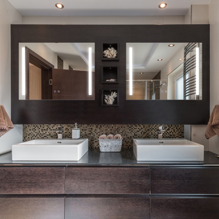 32 x 24 inch wall mirror with 3-color lights and anti-fog function, featuring a sleek design for versatile decor.