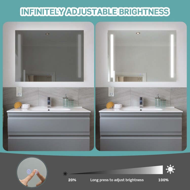 32 x 24 inch wall mirror with adjustable brightness, 3 color temperatures, and anti-fog function for versatile bathroom.