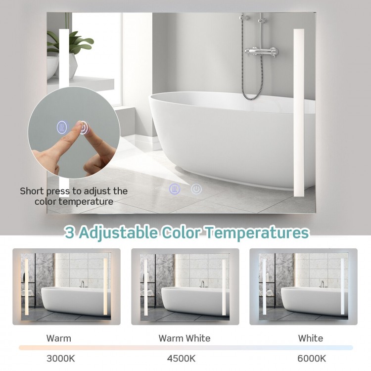 32 x 24 inch wall mirror with adjustable 3-color lights, anti-fog function, and touch button for brightness control.