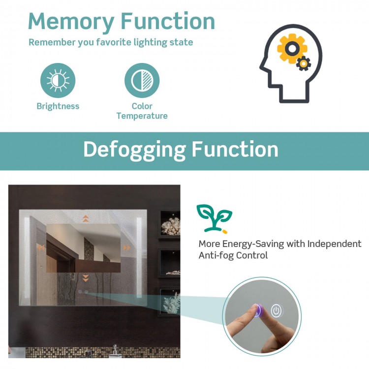 32 x 24 inch wall mirror with 3-color lights, anti-fog function, and touch controls for brightness adjustment.