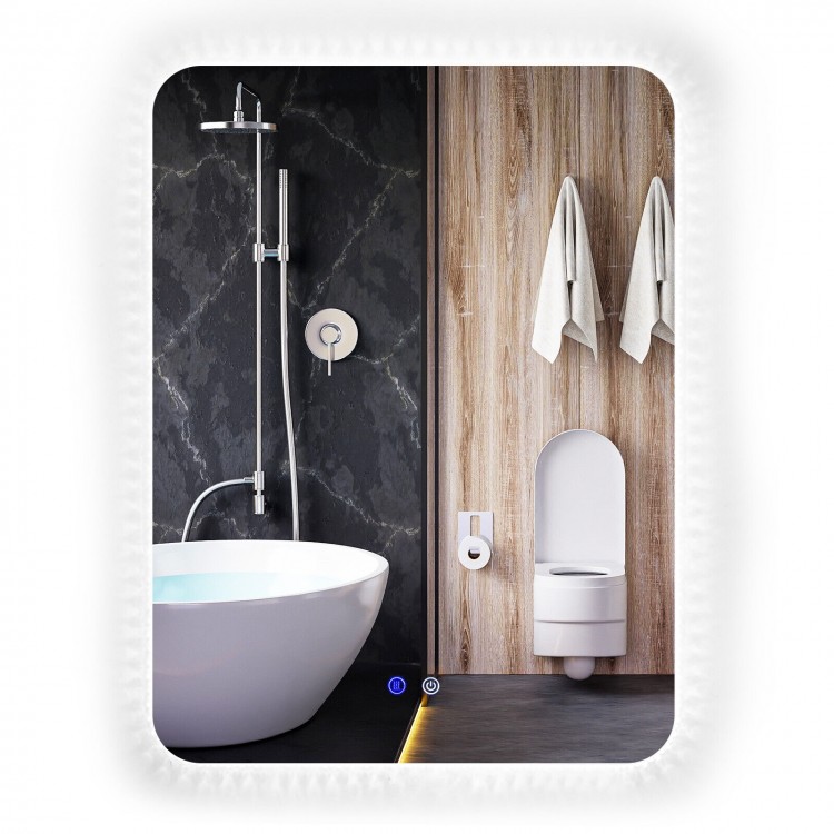 Shatterproof wall mirror with crystalline frame, 3-color lights, and anti-fog function for stylish bathroom decor.
