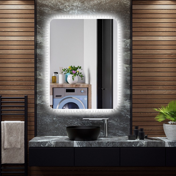 32 x 24 inch shatterproof wall mirror with 3-color lights, anti-fog function, and crystalline frame for a dreamy.