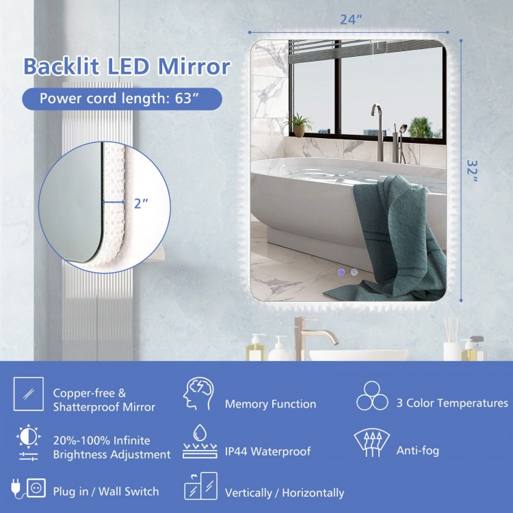 32x24 inch shatterproof wall mirror with crystalline frame, 3-color lights, and anti-fog function for versatile.