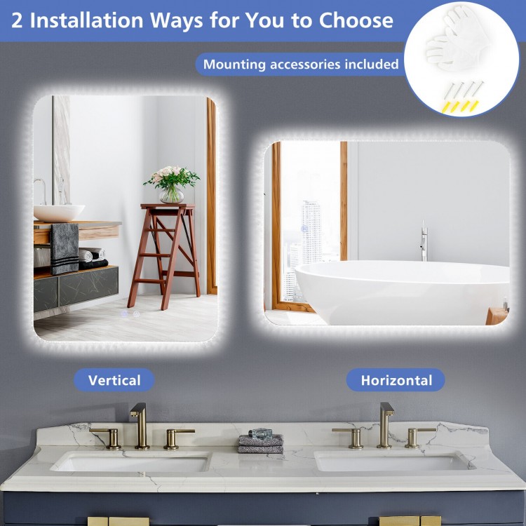 32 x 24 inch shatterproof wall mirror with crystalline frame, 3-color lights, and anti-fog function, shown in vertical.