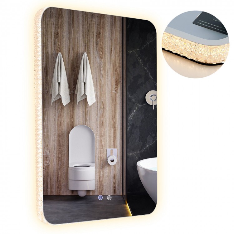 32 x 24 inch shatterproof wall mirror with a crystalline frame, 3-color lights, and anti-fog function for versatile use.