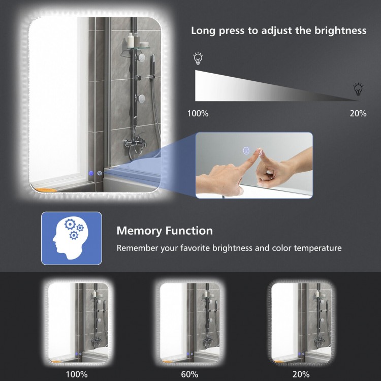 32 x 24 inch shatterproof wall mirror with touch button, 3-color lights, anti-fog function, and memory feature for.