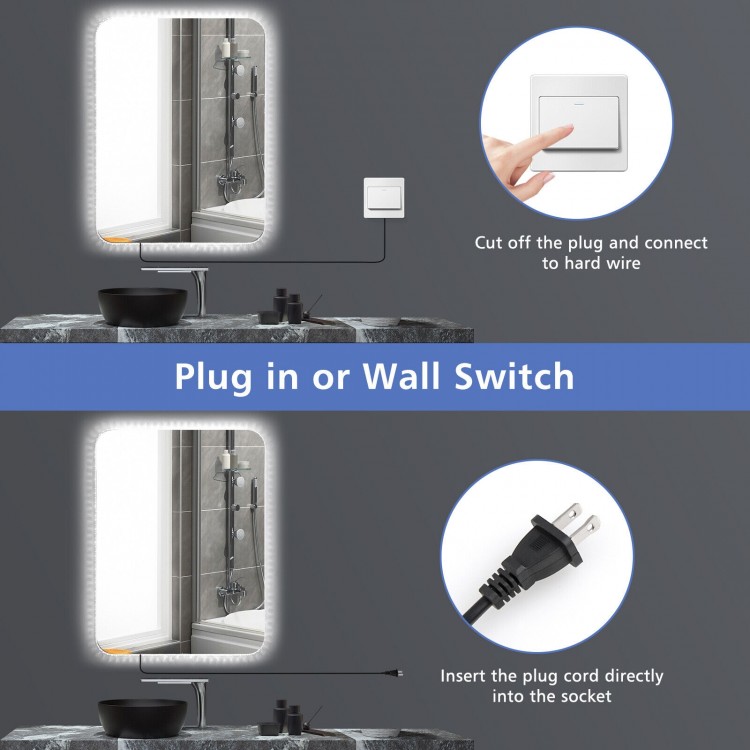 32 x 24 inch shatterproof wall mirror with touch button, 3-color lights, and anti-fog function for versatile.