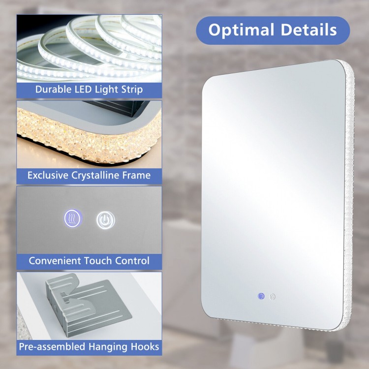 32 x 24 inch shatterproof wall mirror with crystalline frame, touch control, and 3-color lights for versatile lighting.