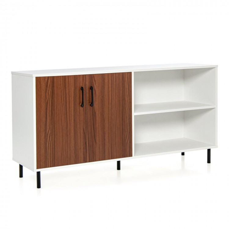 Modern buffet sideboard in walnut with two doors and open compartments, ideal for kitchen or living room storage.
