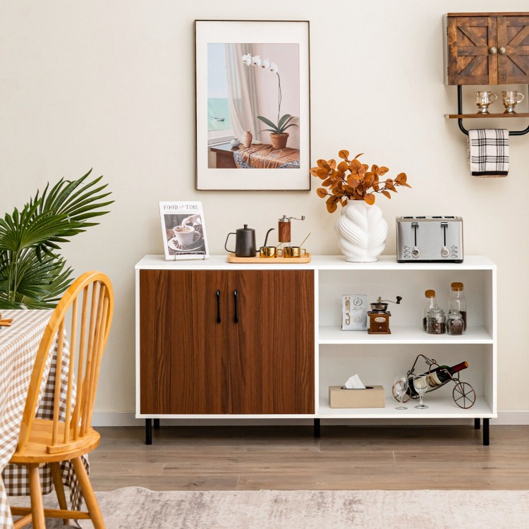 Modern buffet sideboard in walnut with two doors and open compartments, perfect for dining room storage and.