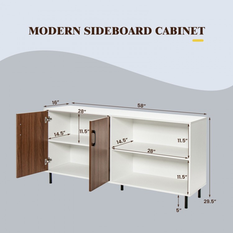 Modern sideboard cabinet in walnut with two doors and open compartments, ideal for dining room storage.