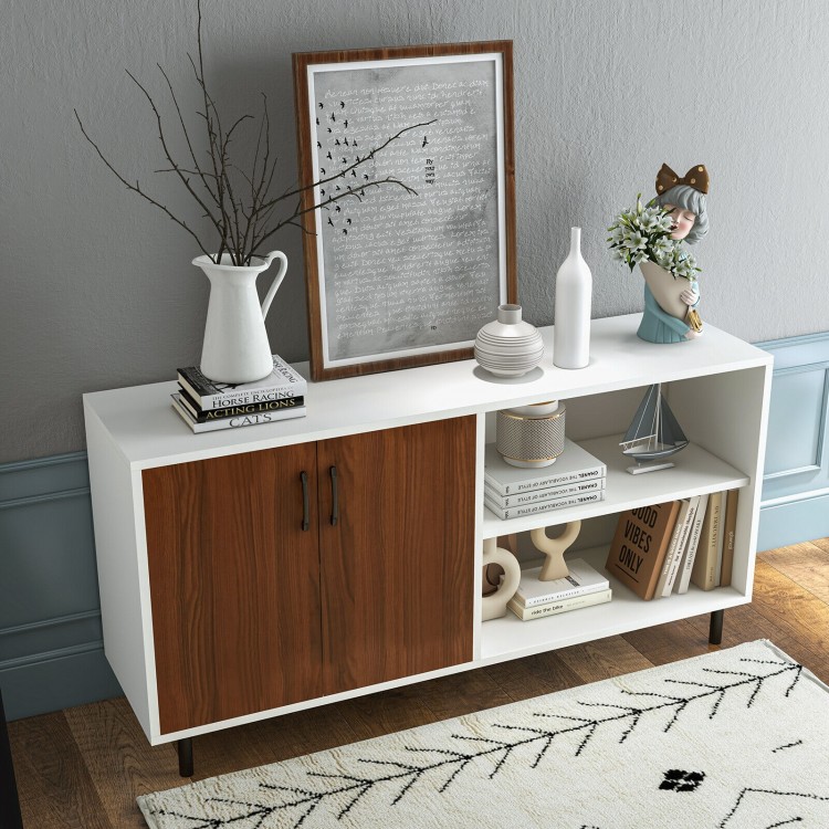 Modern buffet sideboard in walnut with 2 doors and open compartments, ideal for living room or dining room storage.