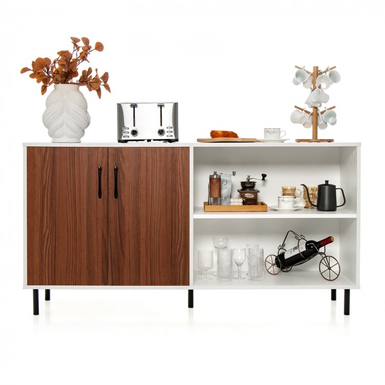 Modern buffet sideboard in walnut with two doors and open compartments, perfect for kitchen or dining room storage.