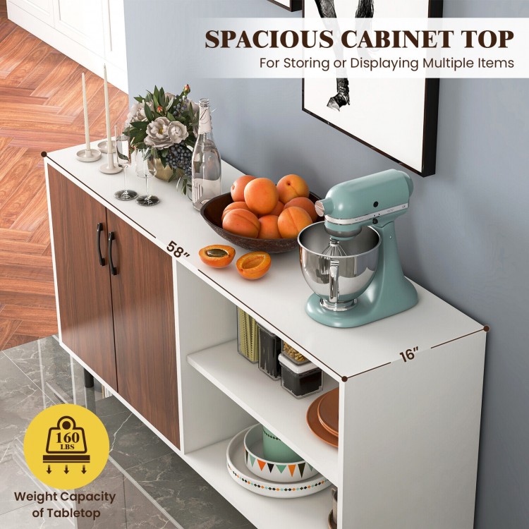Modern buffet sideboard in walnut with spacious tabletop, open compartments, and sturdy design for versatile storage.