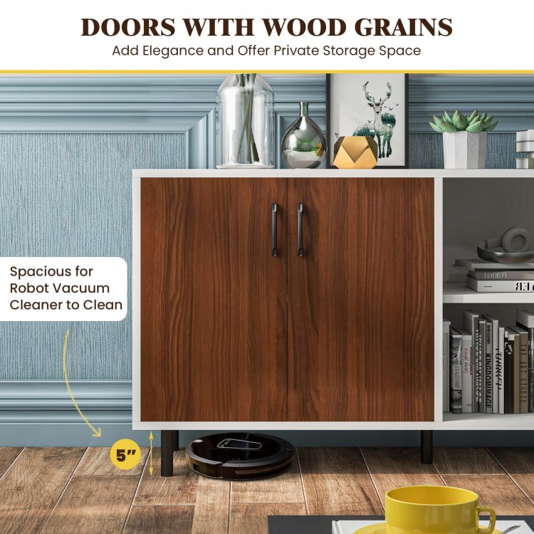 Modern buffet sideboard in walnut with two doors, spacious for storage, and high legs for easy cleaning underneath.